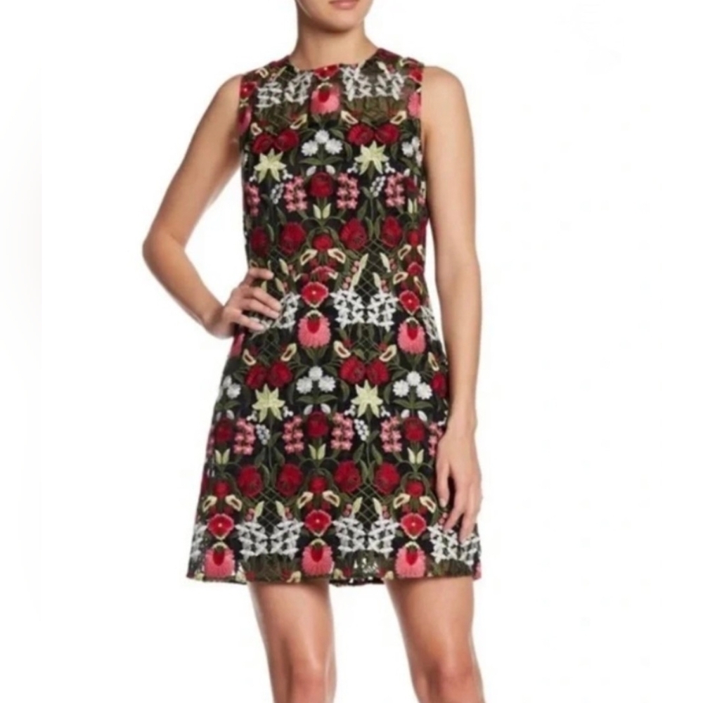Lucy Paris Sheer Overlay Embroidered Cocktail Dres